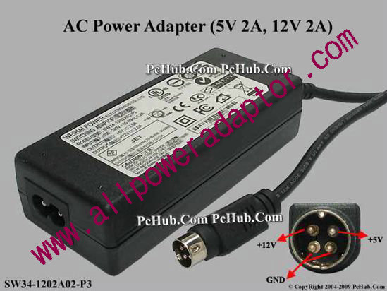 Weihai Power AC Adapter 5V-12V 12V 2A, 5V 2A, 4P, P1=5V, P4=12V, 3-Prong, New