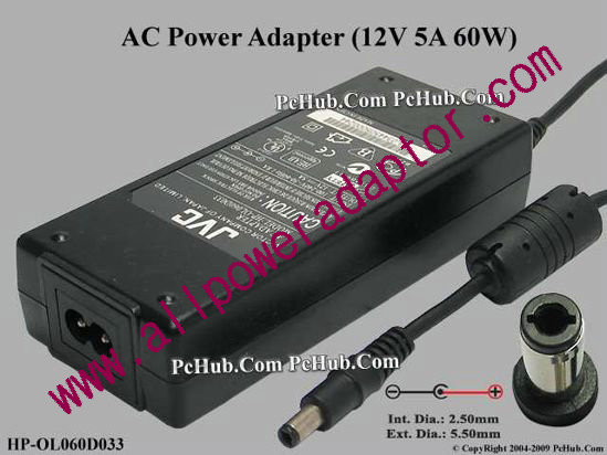 JVC HP-OL060D033 AC Adapter 5V-12V 12V 5A, 5.5/2.5mm, 2-Prong
