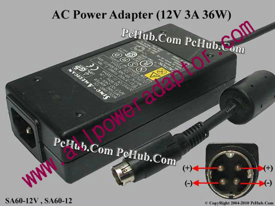 Sino American SA60-12V AC Adapter 5V-12V 12V 3A, 4-Pin,P12=V, C14