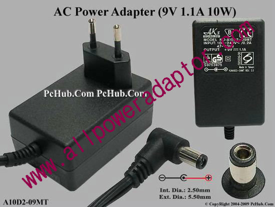 AK II Technology AC Adapter 5V-12V A10D2-09MT, 9V 1.1A, Tip-C, 2-Pin Euro Plug