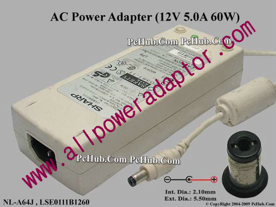 Sharp AC Adapter 5V-12V 12V 5A, 5.5/2.1mm, C14
