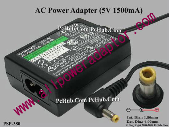 Sony AC Adapter 5V-12V PSP-380, 5V 1.5A, (1.8/4.0mm), 2-prong
