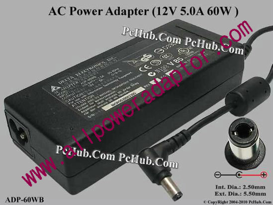 Delta Electronics ADP-60WB AC Adapter 5V-12V 12V 5A, 5.5/2.5mm, 3-Prong