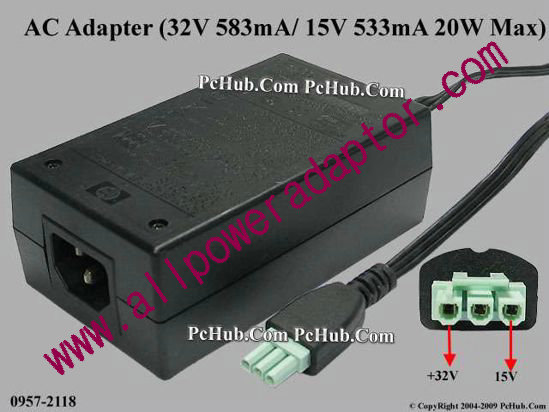 HP AC Adapter 0957-2118, 32V 563mA, 15V 533mA, 3-pin, (IEC C14)