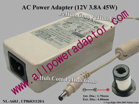 Sharp AC Adapter 5V-12V NL-A60J, 12V 3.8A, Tip-A, (IEC C14)