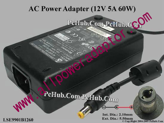 Li Shin LSE9901B1260 AC Adapter 5V-12V 12V 5A, 5.5/2.1mm, C14