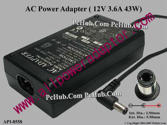 Acbel Polytech API-8558 AC Adapter 5V-12V 12V 3.6A 5.5/2.5mm, 2-Prong