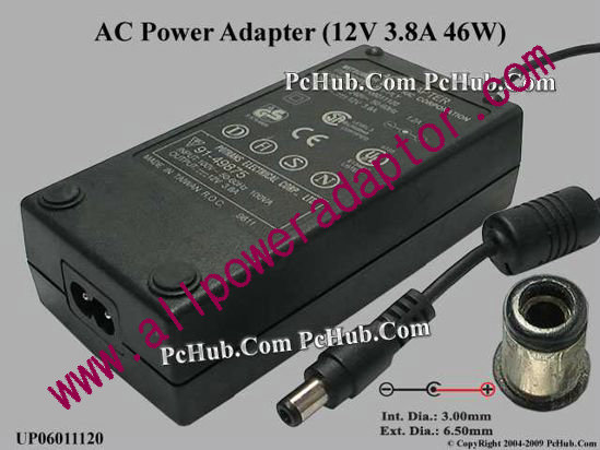 Mitsubishi AC Adapter 5V-12V UP06011120, 12V 3.8A, Tip D, 2-Prong
