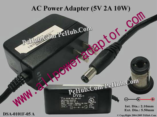 DVE DSA-0101F-05 AC Adapter 5V-12V 5V 2A 10W, 2.1/5.5mm, US Pluge