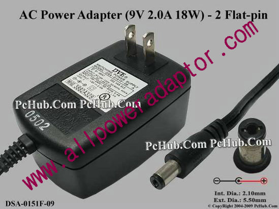 DVE DSA-0151F-09 AC Adapter 5V-12V 9V 2A, 5.5/2.1mm, US 2-Pin, New