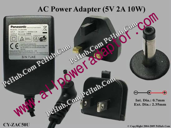 Panasonic AC Adapter 5V-12V 5V 2A, Barrel 2.5/0.7mm, 2-Type Plug