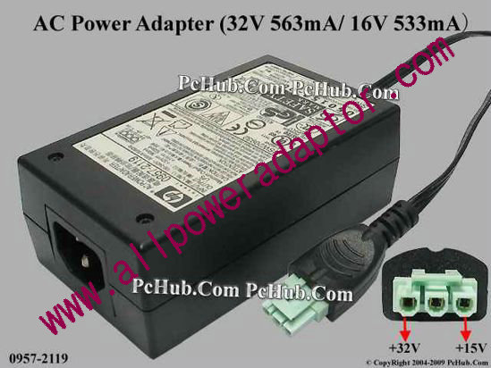 HP AC Adapter 0957-2119, 32V 563mA/16V 533mA, 3-pin, (IEC C14) - Click Image to Close