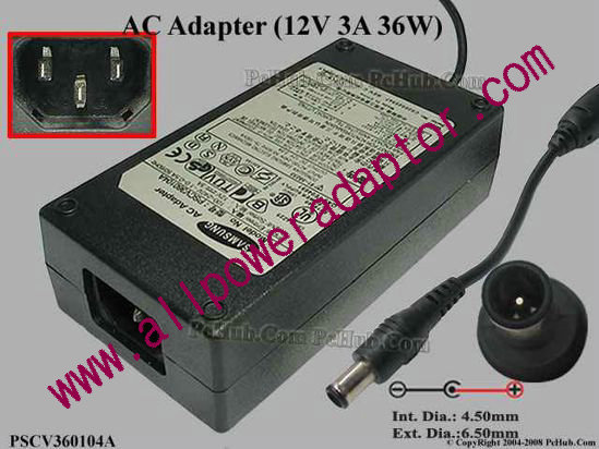 Samsung Laptop AC Adapter 5V-12V 12V 3A, 6.5/4.5mm With Pin, C14