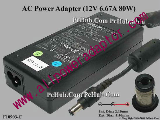 EPS F10903-C AC Adapter 5V-12V 12V 6.67A, 5.5/2.1mm, 3-Prong
