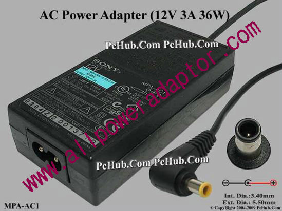 Sony AC Adapter 5V-12V 12V 3A, 5.5/3.5mm With Pin, 2-Prong