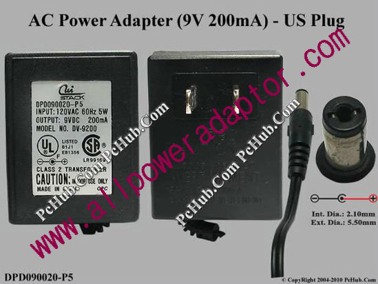 Cui STACK AC Adapter 5V-12V DPD090020-P5, 9V 200mA, Tip-B, US 2-pin - Click Image to Close