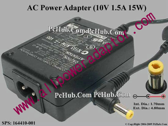 Compaq AC Adapter 5V-12V 10V 1.5A, 4.8/1.7mm, 2-Prong