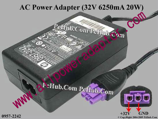 HP AC Adapter 0957-2242, 32V 625mA, 3-pin Hole, 2-prong - Click Image to Close