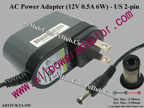 Linksys AD12V/0.5A-SW AC Adapter 5V-12V 12V 0.5A, (2.1/5.0mm), US 2-pin