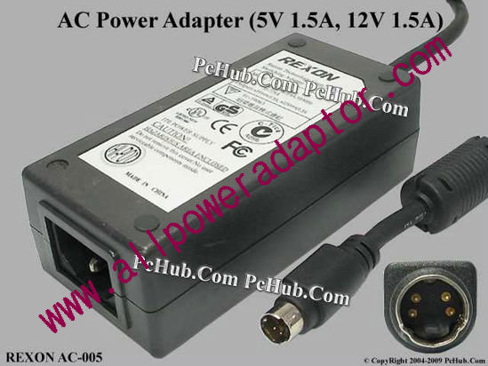 REXON AC Adapter 5V-12V 12V 1.5A, 5V 1.5A, 4-Pin DIN, IEC C14