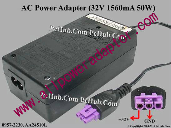 HP AC Adapter 0957-2230, 32V 1560mA, 3-Hole, 2-pin - Click Image to Close