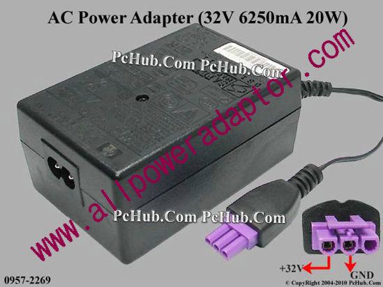 HP AC Adapter 0957-2269, 32V 625mA, 3-pin Hole, 2-prong - Click Image to Close
