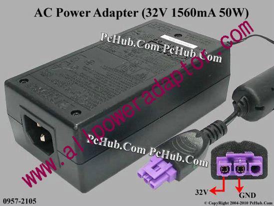 HP AC Adapter 0957-2105, 32V 1560mA, 3-Hole, 2-pin
