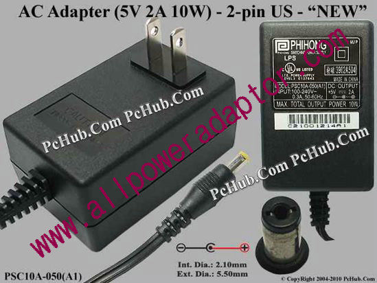PHIHONG PSC10A-050(A1) AC Adapter 5V-12V 5V 2A, 5.5/2.1mm, US 2-Pin Plug, New