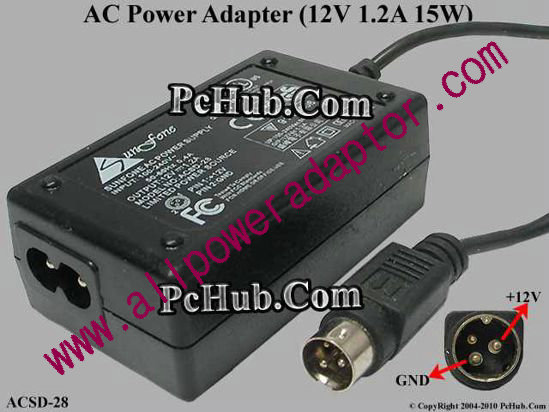 Sunfone AC Adapter 5V-12V ACSD-28, 12V 1.2A, 3-pin, 2-prong