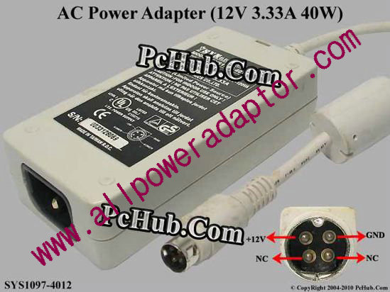 SYN Electronics AC Adapter 5V-12V 12V 3.33A, 4-Pin P1=12V, C14, White