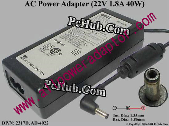 Dell AC Adapter 2317D, 22V 1.8A, (1.35/3.5mm), 2-prong