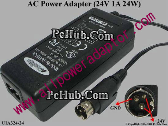 AQualities AC Adapter 24V 1A 24W, 3-Pin P13=24V, 2-prong