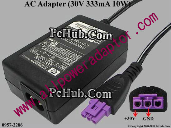 HP AC Adapter 0957-2286, 30V 333mA, 3 Hole, 2-prong - Click Image to Close