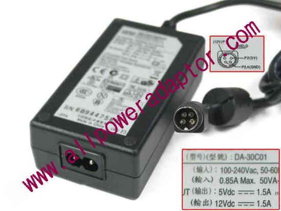 APD / Asian Power Devices DA-30C01 AC Adapter 5V-12V 12V 1.5A, 5V 1.5A, 4-Pin DIN, 2-Prong, New