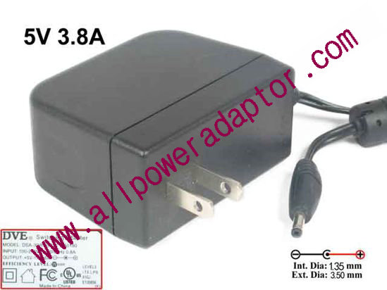 DVE DSA-30W-05 AC Adapter 5V-12V 5V 3.8A, 3.5/1.35mm, US 2-Pin Plug