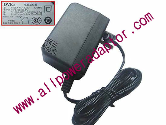 DVE DSA-15P-12 AC Adapter 5V-12V 12V 1.25A 15W, 5.5/2.1mm, US 2-Pin Plug