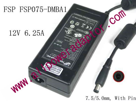FSP Group Inc FSP075-DMBA1 AC Adapter 5V-12V 12V 6.25A, Barrel 7.5/5.0mm, With Pin, 3-Prong