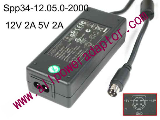 FlyPower SPP34-12.0/5.0-2000 AC Adapter 5V-12V 12V 2A, 5V 2A, 4-P P1=5V P4=12V, 2-Prong, New,