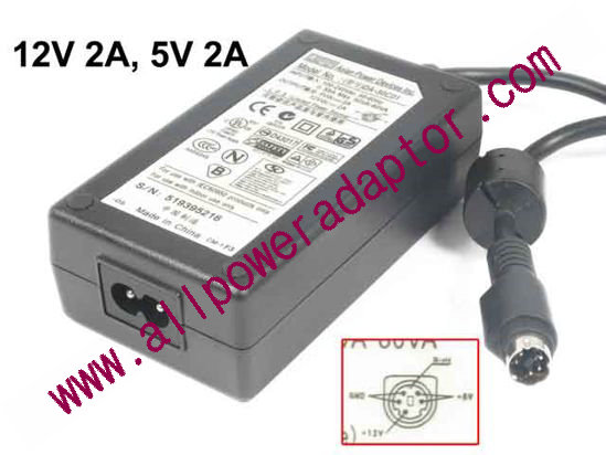 APD / Asian Power Devices DA-34A02 AC Adapter 5V-12V 12V 2A, 5V 2A, 5P, P12=5V, P3=12V, 2-Prong, New