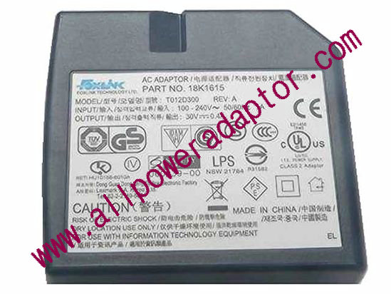 AOK Other Brand AC Adapter 30V 0.4A, Rectangular Tip, 2-Prong, New