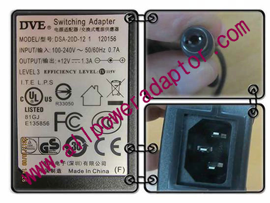 DVE DSA-20D-12 AC Adapter 5V-12V 12V 1.3A, Barrel 5.5/2.1mm, IEC C14, New