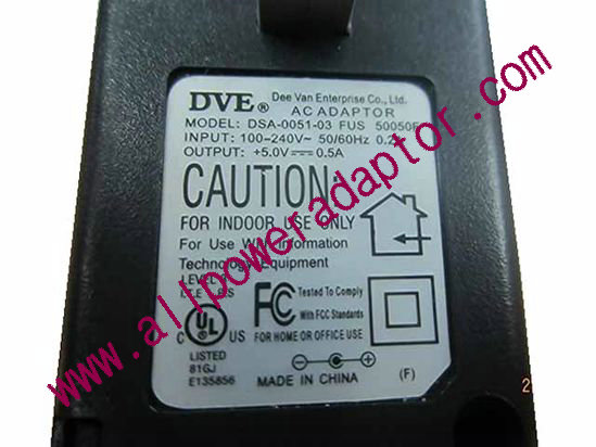 DVE DSA-0051-03 AC Adapter 5V-12V 5V 0.5A, 5.5/2.1mm, US 2-Pin, New