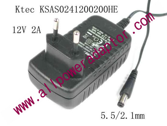 Ktec KSAS0241200200HE AC Adapter 5V-12V 12V 2A, 5.5/2.1mm, EU 2-Pin, New