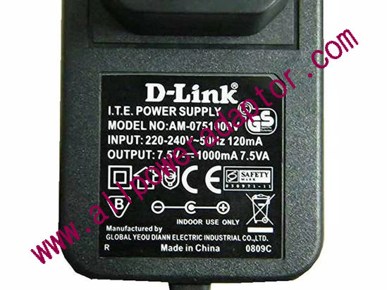 D-Link AM-0751000V AC Adapter 5V-12V 7.5V 1A, 4.8/1.7mm, US 2-Pin, New - Click Image to Close