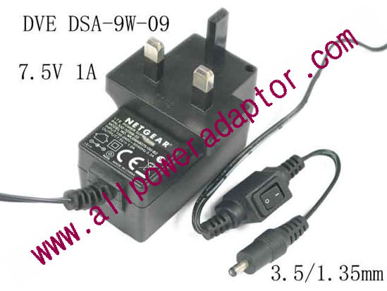 DVE DSA-9W-09 AC Adapter 5V-12V 7.5V 1A, 3.5/1.35mm, UK 3-Pin, New
