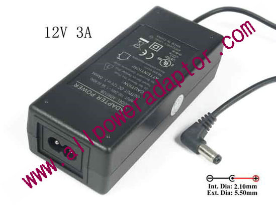 AOK OEM Power AC Adapter 5V-12V 12V 3A, 5.5/2.1mm, 2-Prong, New