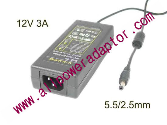 AOK OEM Power AC Adapter 5V-12V 12V 3A, 5.5/2.5mm, C14, New