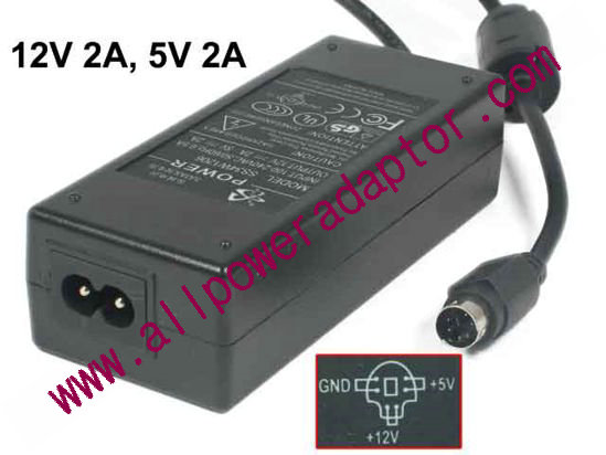 POWER-WIN AC Adapter 5V-12V 12V 2A, 5V 2A, 6P, P12=5V, P34=12V, 2-Prong