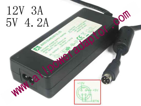 JENTEC JTA0707-Y AC Adapter 5V-12V 12V 3A, 5V 4.2A, 4p, P1=5V P4=12V, 2-Prong