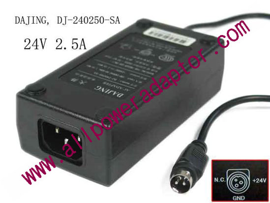 AOK Other Brand AC Adapter DJ-240250-SA, 24V 2.5A, 3-Pin Din, C14